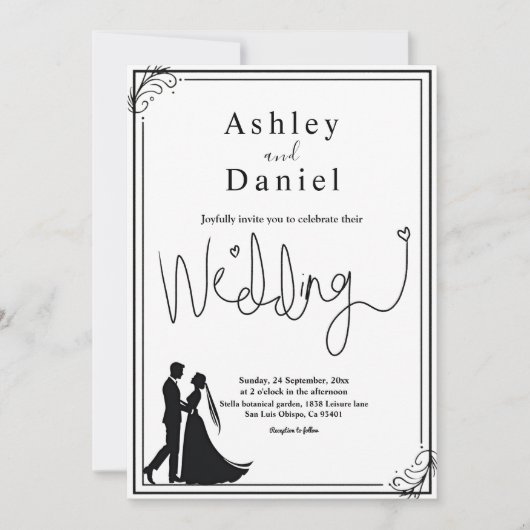 シックエレガントな黒と白のロマンチック結婚ズ 招待状 (正面)