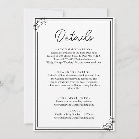 シックエレガントな黒と白のロマンチック結婚ズ 招待状 (裏面)