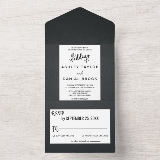 シックエレガントな黒と白の素朴なファンシー オールインワン招待状 (内側)