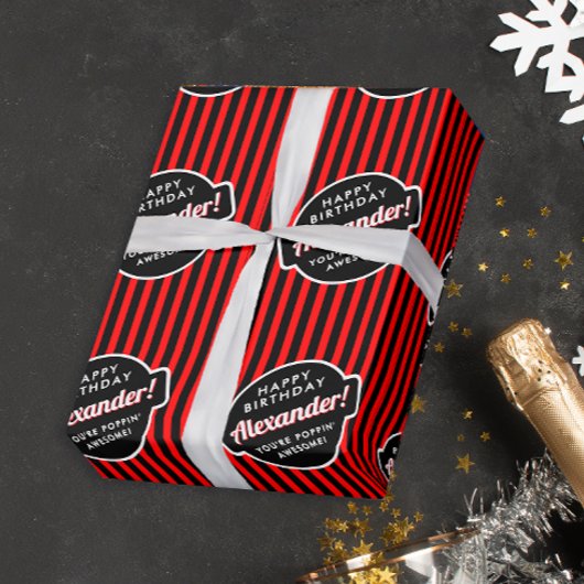 シックエレガントな黒と赤のポップコーンのパタストライプのーン ラッピングペーパー