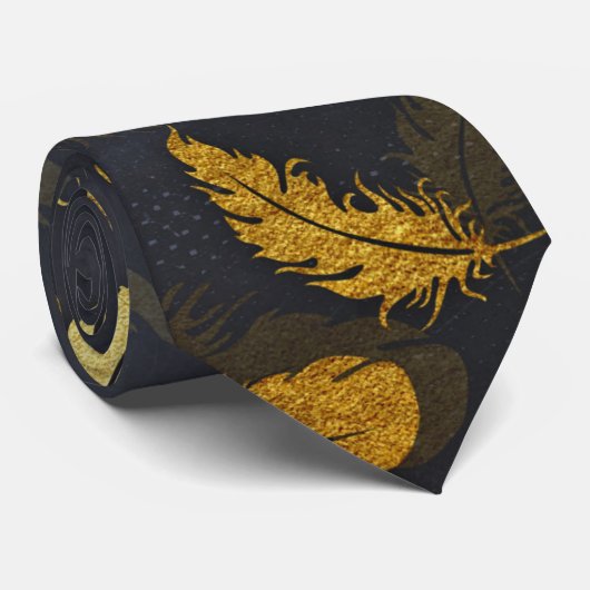 シックエレガントな黒と金ゴールドの羽毛パターン ネクタイ (ロール)