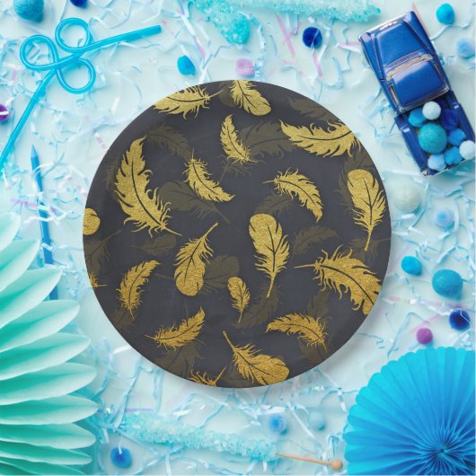 シックエレガントな黒と金ゴールドの羽毛パターン ペーパープレート (パーティー)