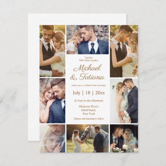 シックエレガントな8枚の写真コラ結婚ージブラウン 招待状 (正面/裏面)