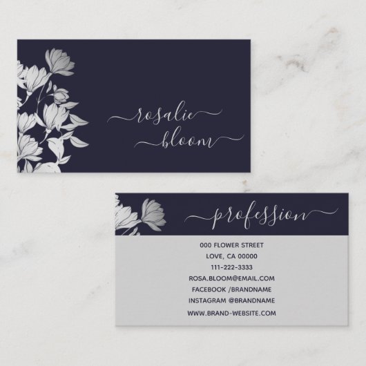 シックエレガントの花の模様（濃いネイビーブルー） 名刺 (正面/裏面)