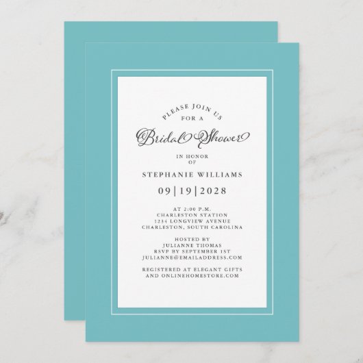 シックエレガントアクア結婚ズブライダルシャワー 招待状 (正面/裏面)