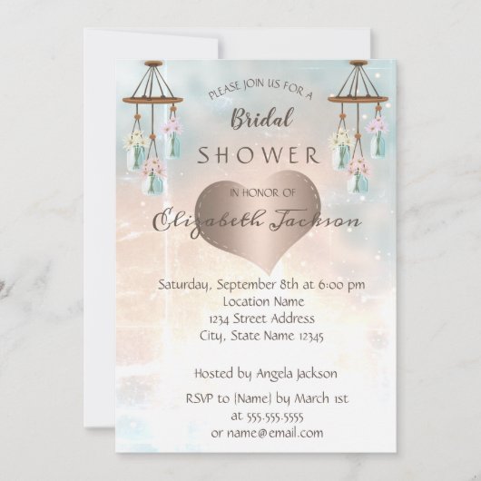 シックエレガントウインドチャイム、ハートブライダルシャワー 招待状 (正面)