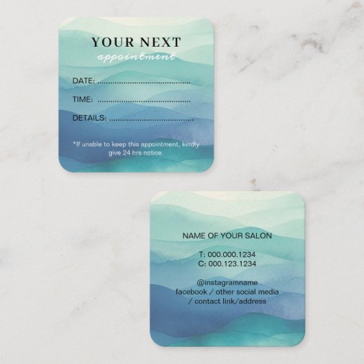 シックエレガントウォーターカラーネイビーブルー美しいサロン 予約カード (正面/裏面)