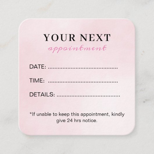 シックエレガントウォーターカラーピンク美しいサロン 予約カード (正面)
