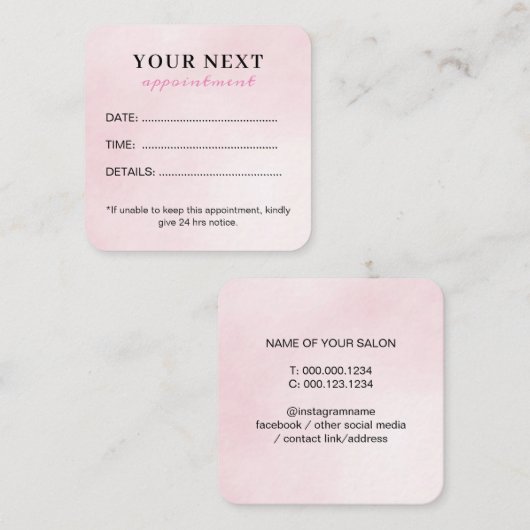 シックエレガントウォーターカラーピンク美しいサロン 予約カード (正面/裏面)