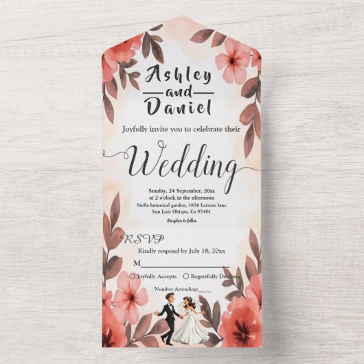 シックエレガントウォーターカラーフローラ新郎新婦結婚の オールインワン招待状 (内側)