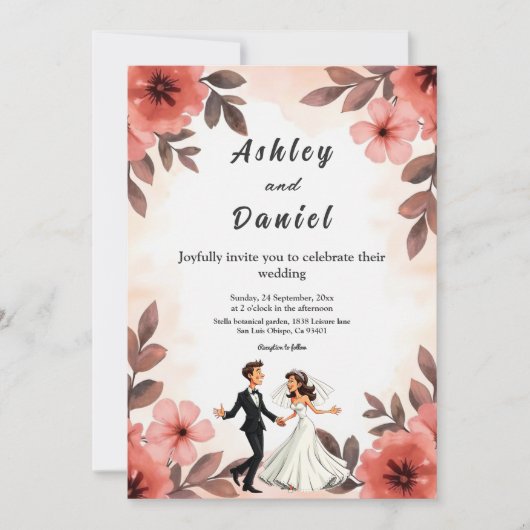 シックエレガントウォーターカラーフローラ新郎新婦結婚の 招待状 (正面)