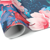 シックエレガントウォーターカラーフローラ誕生日ネイビーブルー ラッピングペーパー (ロールコーナー)