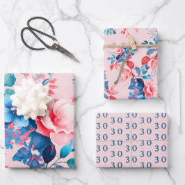 シックエレガントウォーターカラーフローラ30th誕生日赤面 ラッピングペーパーシート