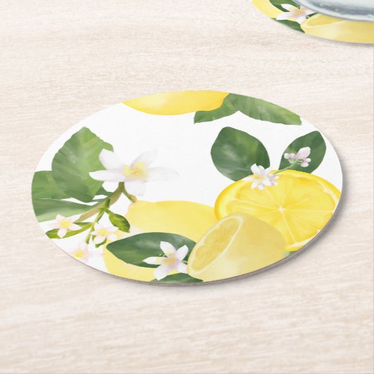 シックエレガントウォーターカラーレモンサマーガーデン ラウンドペーパーコースター (アングル)
