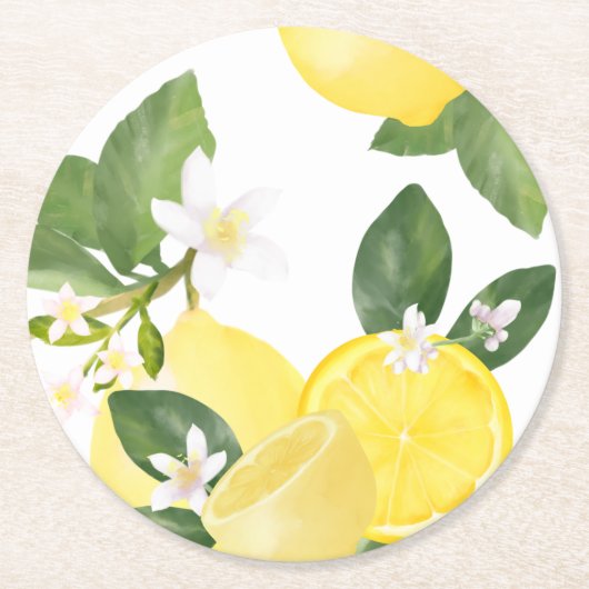 シックエレガントウォーターカラーレモンサマーガーデン ラウンドペーパーコースター (正面)