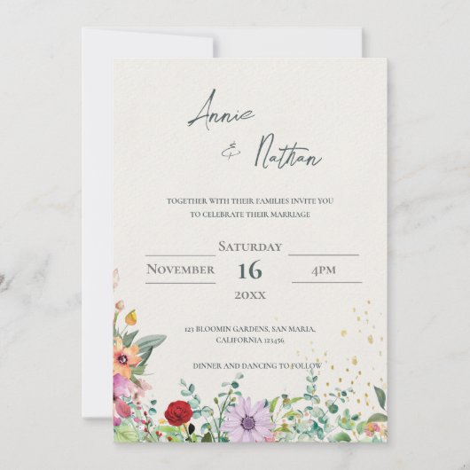 シックエレガントウォーターカラーワイルドフラワー結婚ズフローラ 招待状 (正面)