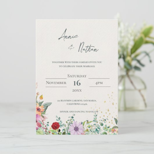 シックエレガントウォーターカラーワイルドフラワー結婚ズフローラ 招待状 (スタンド正面)