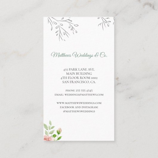 シックエレガントウォーターカラー植物性ウェディングプランナー 名刺 (裏面)