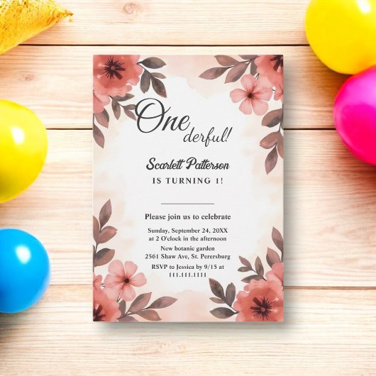 シックエレガントウォーター色フローラ素朴1st誕生日 招待状