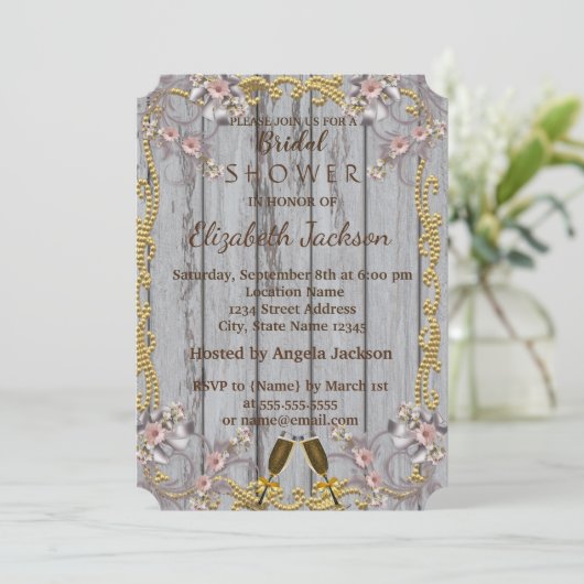 シックエレガントウッドのテクスチャブライダルシャワー 招待状 (スタンド正面)