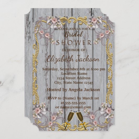 シックエレガントウッドのテクスチャブライダルシャワー 招待状 (正面/裏面)
