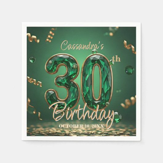 シックエレガントエメラルドと金ゴールドジュエル30th誕生日 スタンダードカクテルナプキン (正面)