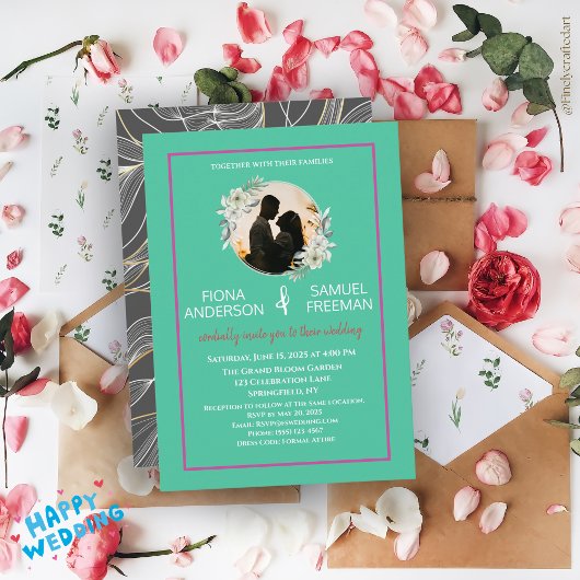 シックエレガントエメラルドグリーン金ゴールドカスタムウェディング 招待状