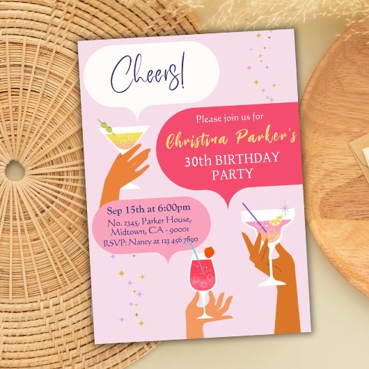 シックエレガントカクテルドリンクをテーマにした30歳の誕生日 招待状