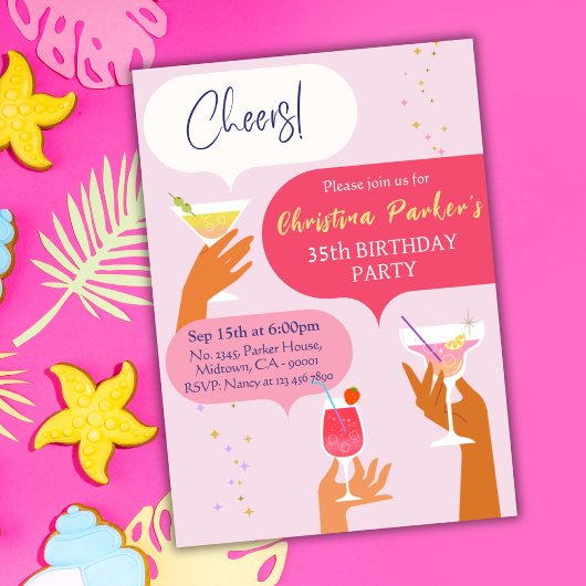 シックエレガントカクテルドリンクをテーマにした35歳の誕生日 招待状
