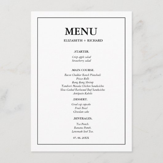 シックエレガントカップルのシャワーブライダルシャワー メニュー (正面)