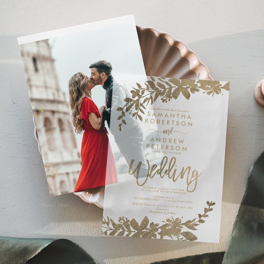 シックエレガントクラシックフェイクゴールドフォイルリーフ結婚ズ ベラム紙招待状