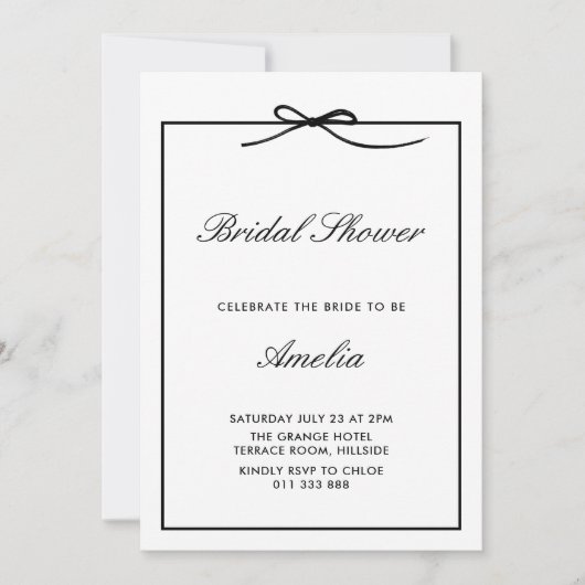 シックエレガントクラシックブラックボウブライダルシャワー 招待状 (正面)