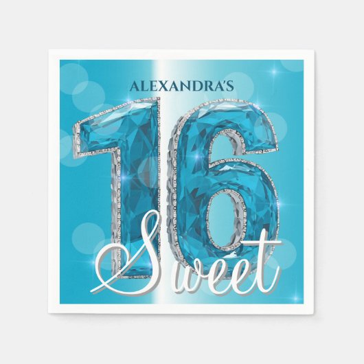 シックエレガントグラムブルーサファイアジェムストーンスウィート16 スタンダードカクテルナプキン (正面)