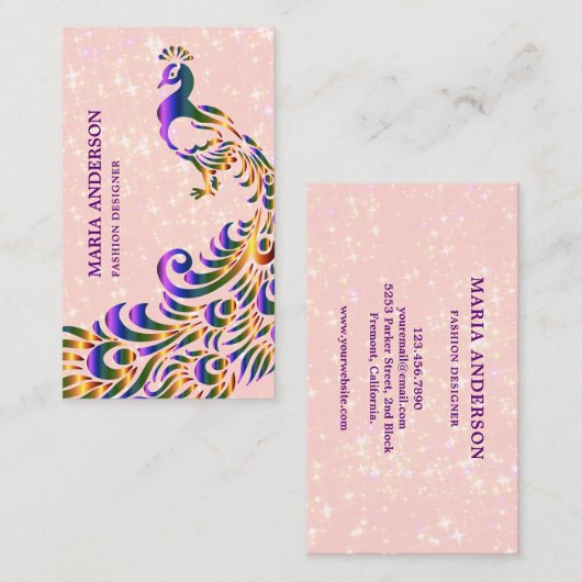 シックエレガントグリッターピフェイクンクパープルピーコック 名刺 (正面/裏面)