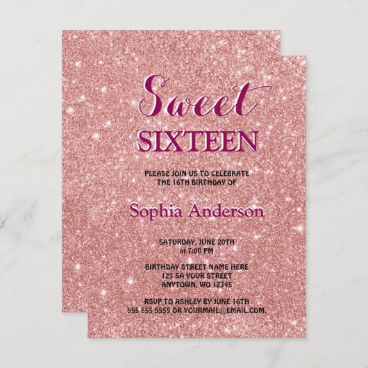 シックエレガントグリッターフェイクバラ金ゴールド誕生日 招待状 (正面/裏面)