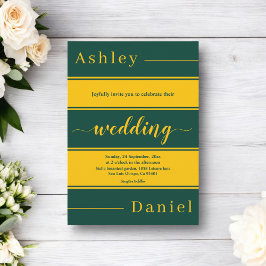 シックエレガントグリーンと金ゴールドストライプラグジュアリー結婚ズ 招待状