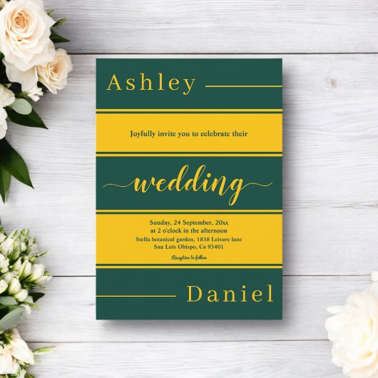 シックエレガントグリーンと金ゴールドストライプラグジュアリー結婚ズ 招待状