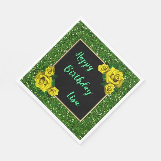 シックエレガントグリーングリッターイエローローズ誕生日 スタンダードランチョンナプキン (角)