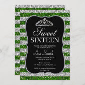 シックエレガントグリーンシルバーグリッターティアラスウィート16 招待状 (正面/裏面)