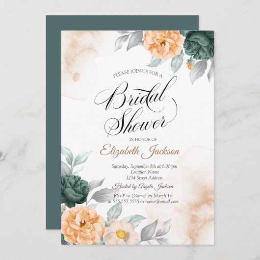 シックエレガントグリーンバラブライダルシャワー 招待状 (正面/裏面)