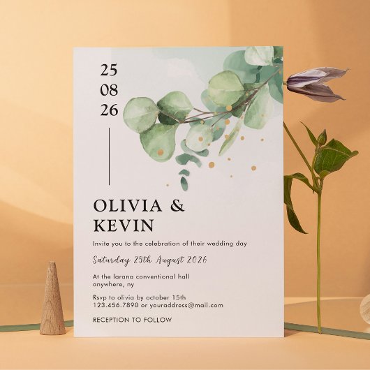 シックエレガントグリーンユーカリ結婚ス金ゴールドアクセント 招待状