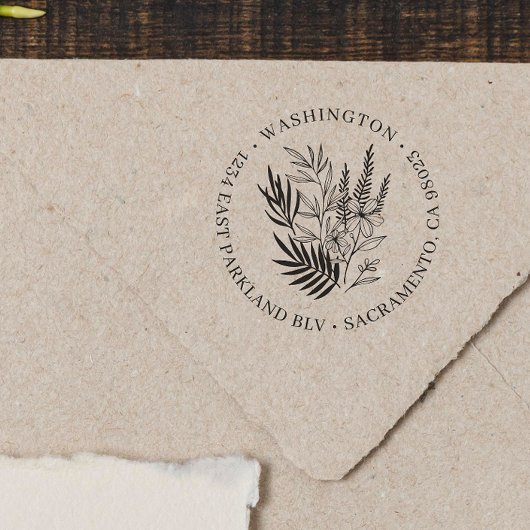 シックエレガントグリーンリーフローララウンド差出人住所 ラバースタンプ