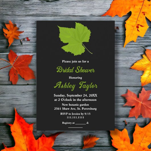 シックエレガントグリーン紅葉ブラックブライダルシャワー 招待状