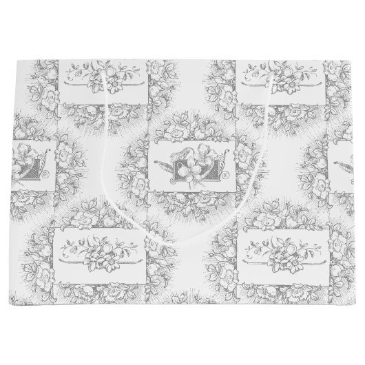 シックエレガントグレーとホワイトの彫刻フローラ ラージペーパーバッグ (正面)