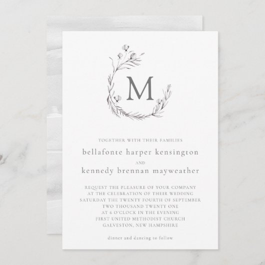 シックエレガントグレーホワイトウォーター色のフローラ結婚ズ 招待状 (正面/裏面)