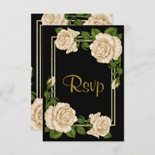 シックエレガントコーナーアイボリーバラウェディングRSVP 出欠カード (正面/裏面)