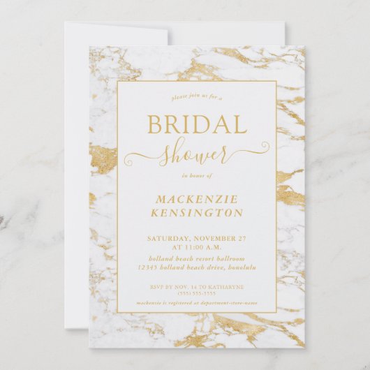 シックエレガントゴールドフォイルマーブルブライダルシャワー 招待状 (正面)