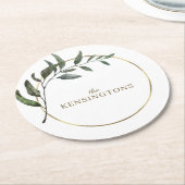 シックエレガントゴールドフォイルユーカリプタスグリーン ラウンドペーパーコースター (アングル)