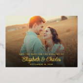 シックエレガントゴールドフォイル写真の日付カードを保存 箔招待状 (正面)