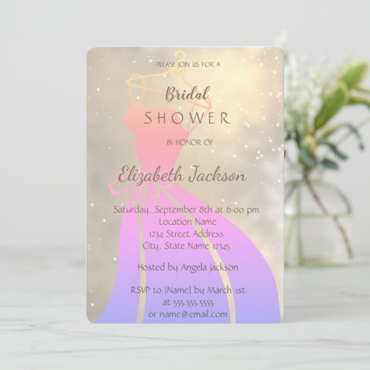 シックエレガントシャイニー、花嫁ドレスブライダルシャワー 招待状 (スタンド正面)